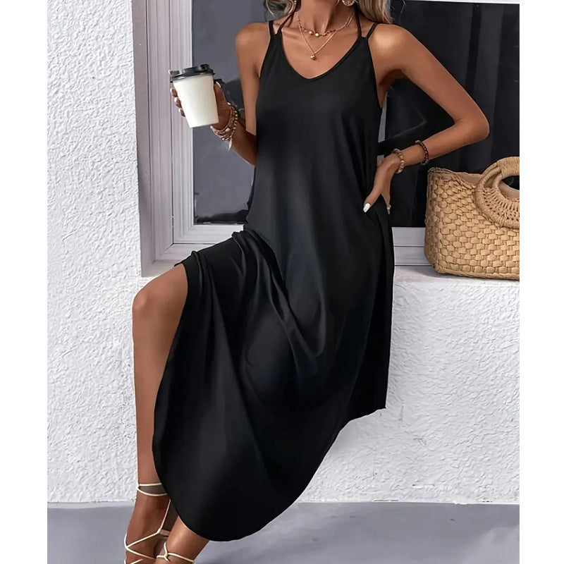 Women's Halter Lace-up Solid Color Loose Dress