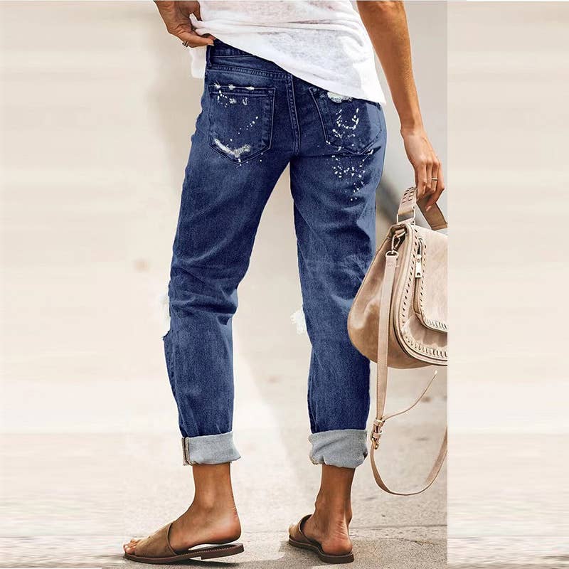 Washed Hole Printed Denim Trousers Women