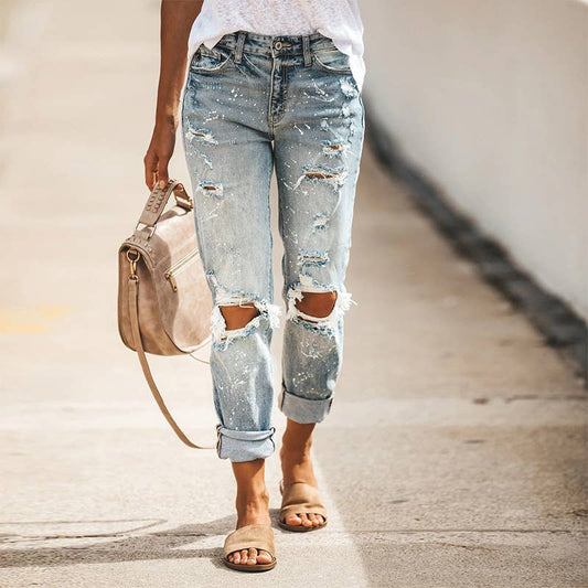 Washed Hole Printed Denim Trousers Women