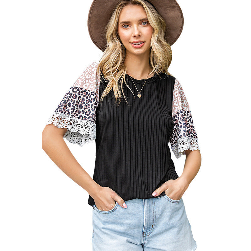 Round Neck Half Sleeve Loose Top Summer New Fashion Leopard Print Lace T-shirt
