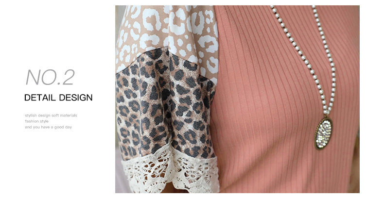 Round Neck Half Sleeve Loose Top Summer New Fashion Leopard Print Lace T-shirt