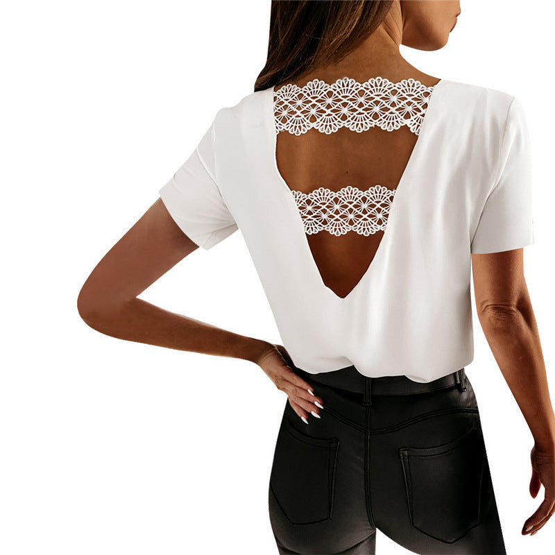 Women's Fashionable Temperament V-neck Lace Ruffled Short Sleeves Top