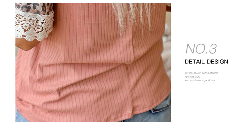Round Neck Half Sleeve Loose Top Summer New Fashion Leopard Print Lace T-shirt