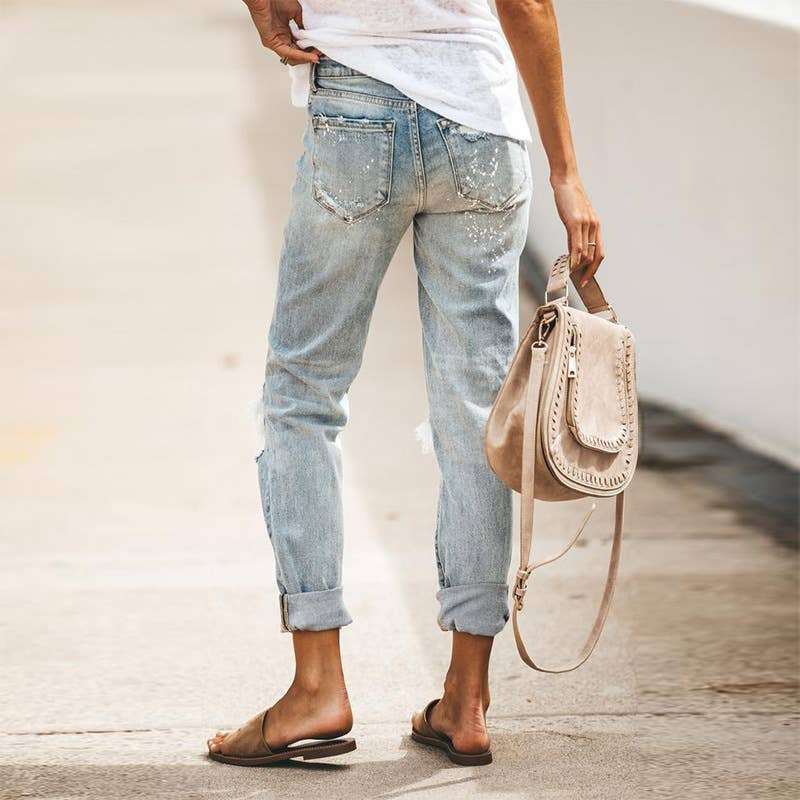 Washed Hole Printed Denim Trousers Women