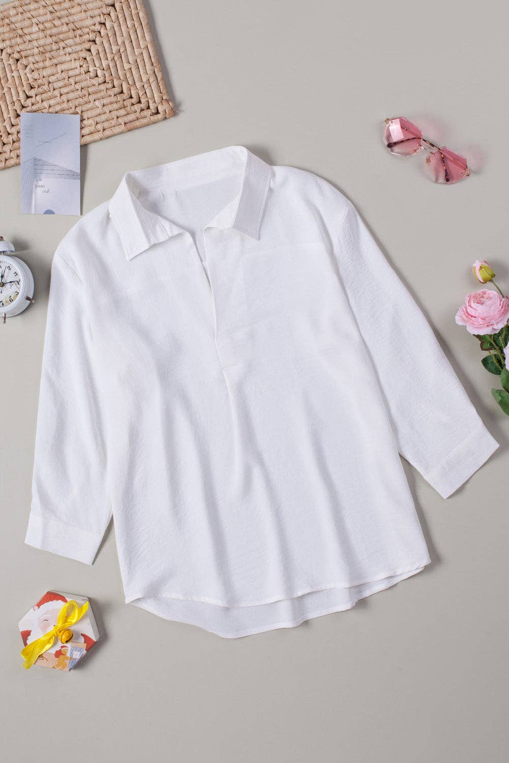 Collared V-Neck 3/4 Sleeve Shirt