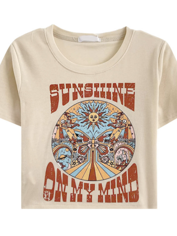 Hot Girl Hollow Round Neck Slimming Printed Top Short Sleeve