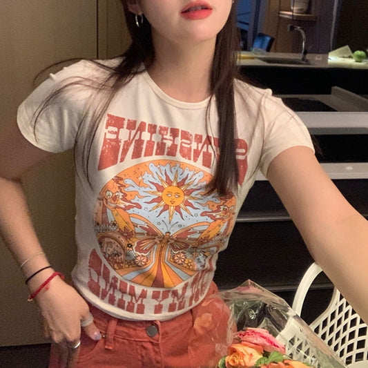 Hot Girl Hollow Round Neck Slimming Printed Top Short Sleeve