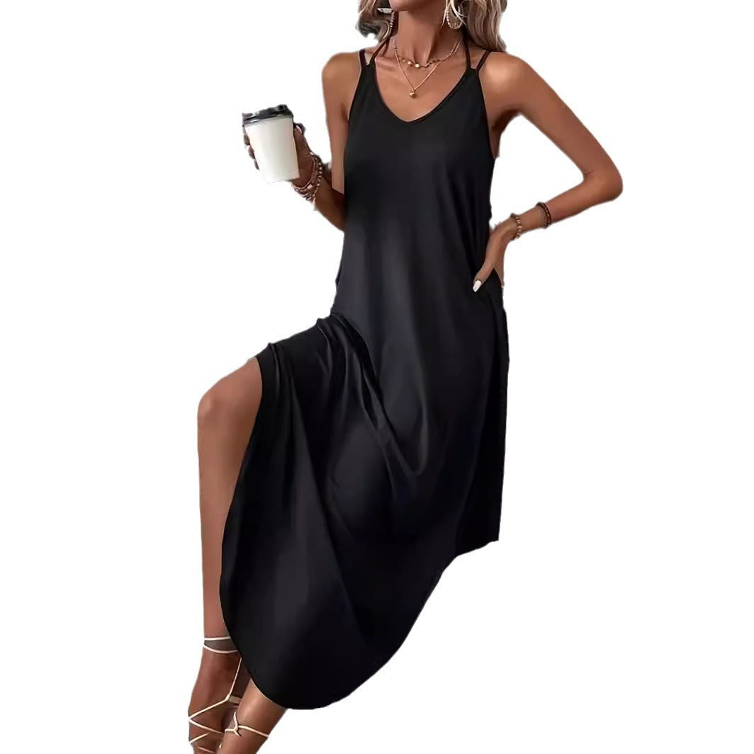 Women's Halter Lace-up Solid Color Loose Dress