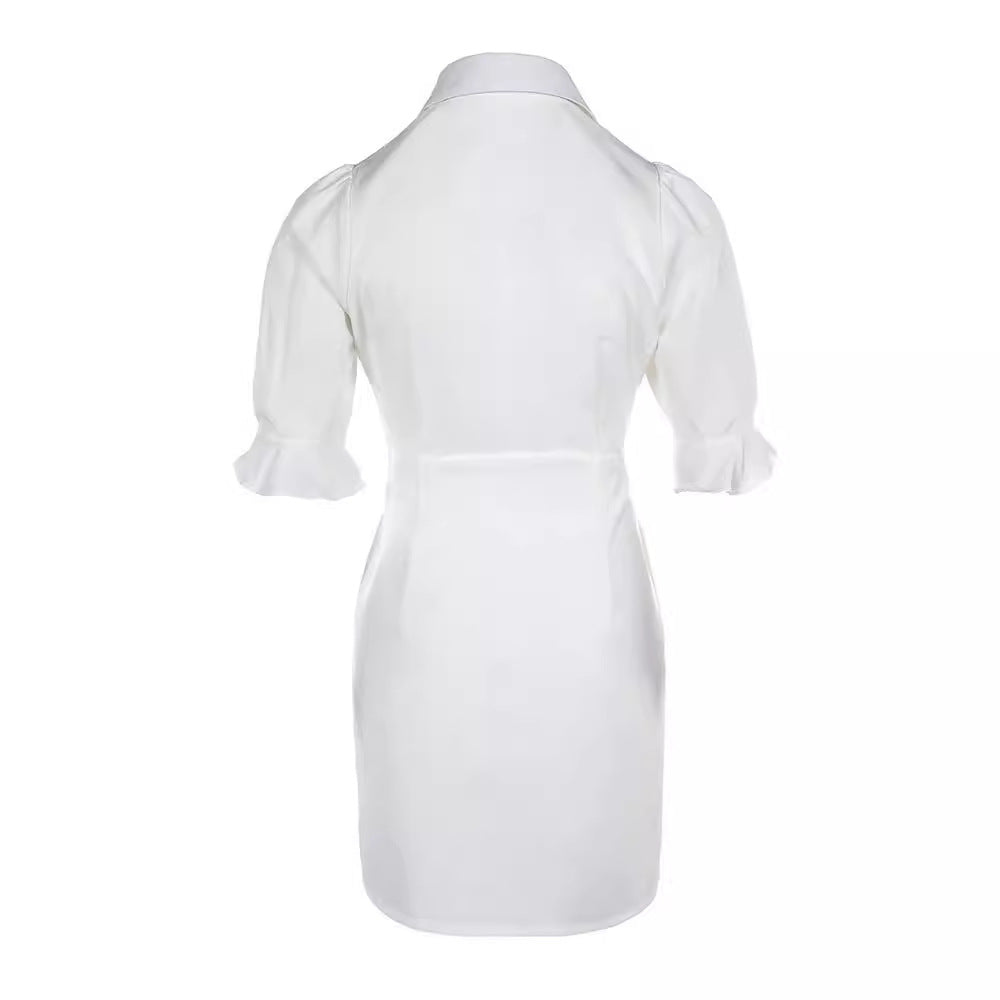 Elegant Pure Color Slimming Tight Waist Petal Sleeve Shirt A- Line Skirt
