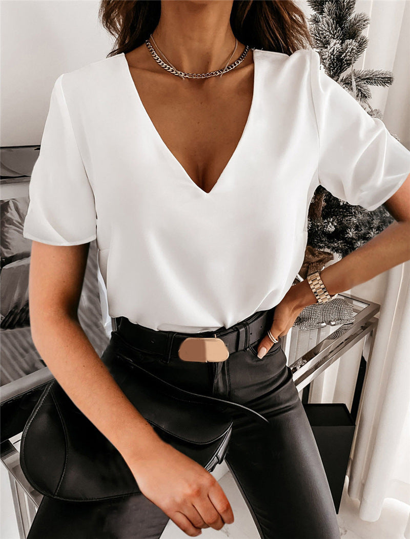 Women's Fashionable Temperament V-neck Lace Ruffled Short Sleeves Top