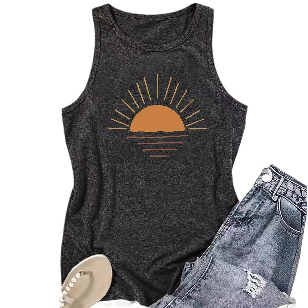 Sunrise Printed Round Neck Vest Spring And Summer Casual Sleeveless