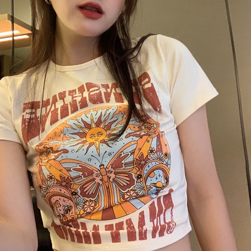 Hot Girl Hollow Round Neck Slimming Printed Top Short Sleeve
