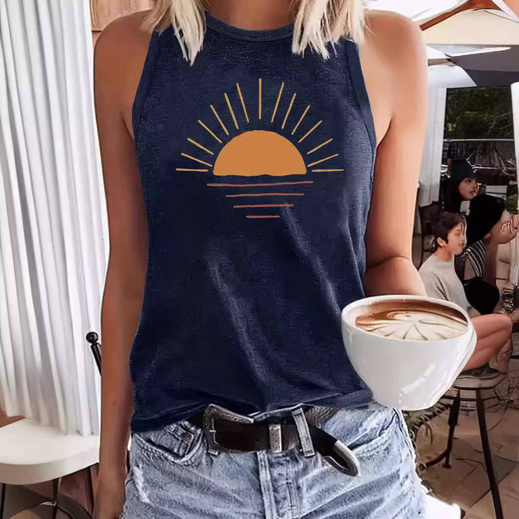 Sunrise Printed Round Neck Vest Spring And Summer Casual Sleeveless