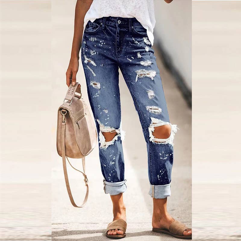 Washed Hole Printed Denim Trousers Women